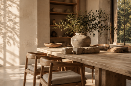 A sunlit dining table styled with a ceramic urn, wooden bowl and books